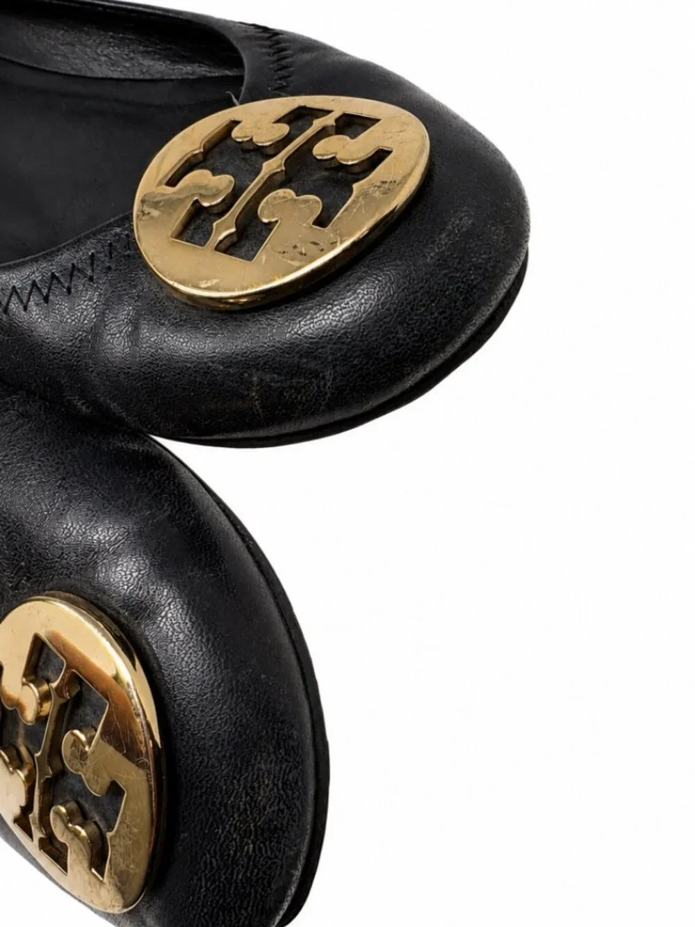 Tory Burch Reva Ballet Flats Black Leather Gold Logo Slip On Shoes Women's 7.5